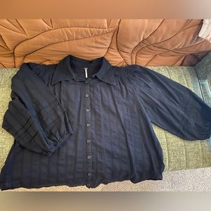 Free People Black Linen puff sleeve top